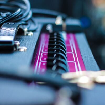 Detailed view of audio cables and equipment, showcasing technology and music connection.